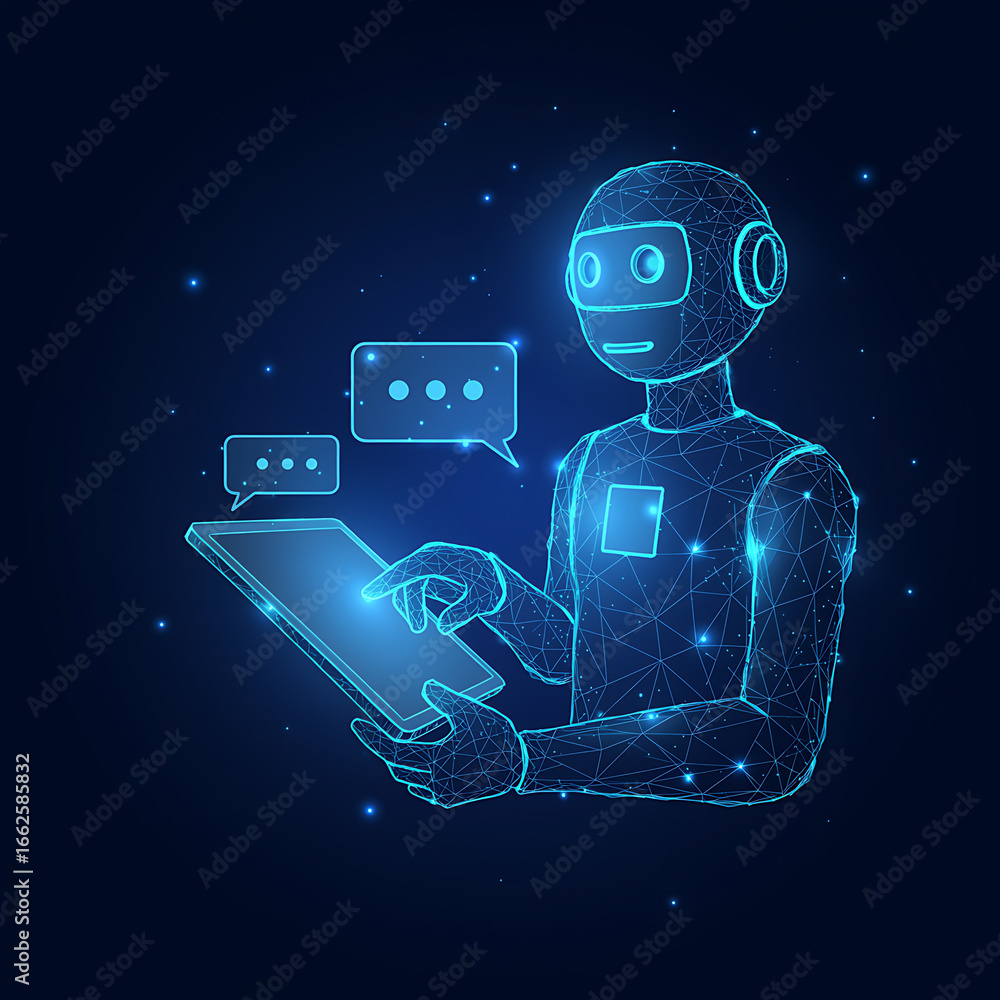 Poster polygonal robot holding a tablet with chat bubbles, illustrating the concept of artificial intellige