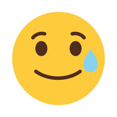 Fototapeta premium Yellow smiley face emoji with a sweat drop on its cheek, , representing nervousness or relief