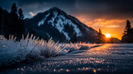 Snow-covered field sparkling in golden hour sun delicate shadows create an inviting warmth