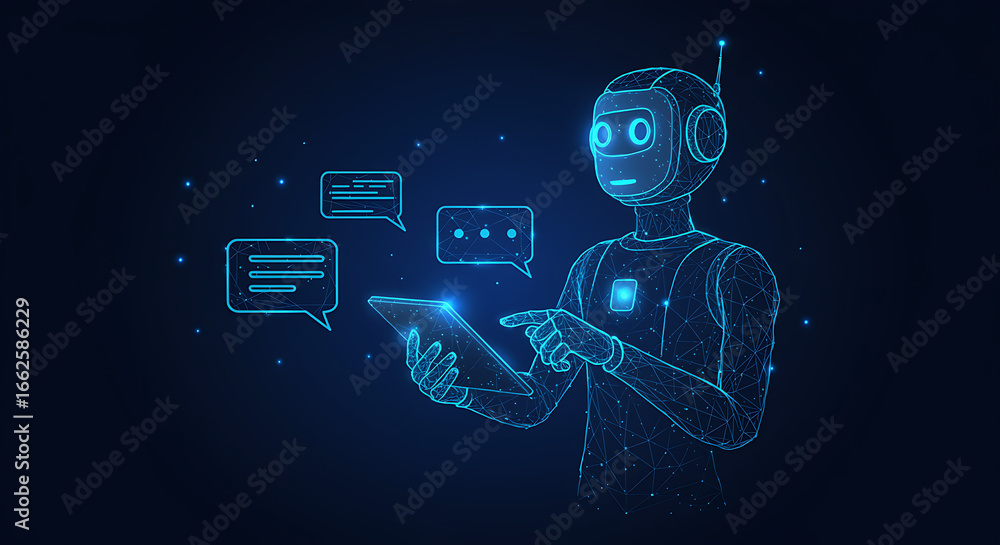 Poster futuristic robot chatbot using a digital tablet for online communication and customer service suppor