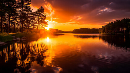 Still lake reflecting a low amber sun glowing clouds gentle ripples shimmering in gold calm and peaceful