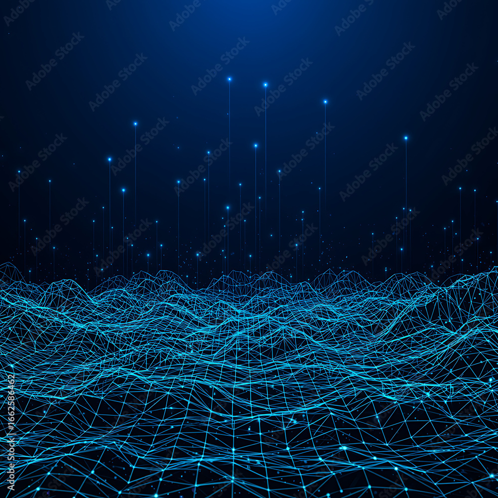 Poster abstract futuristic digital landscape with glowing blue grid lines and data points. symbolizing glob