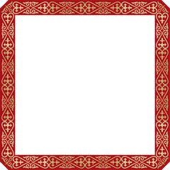 Vector gold with red square Kazakh national ornament. Ethnic pattern of the peoples of the Great Steppe,
