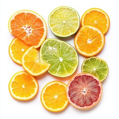 Fototapeta premium Citrus slices in vibrant colors, arranged on a white background