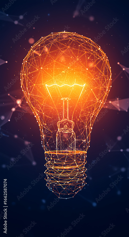 Poster conceptual visualization of innovation and creative thinking with a glowing polygonal wireframe ligh