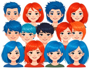 Blue and Red Hair Portraits, Grid Arrangement