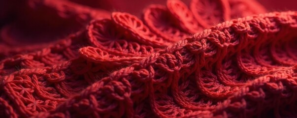 Rich scarlet knit, intricate floral motif, soft focus , artwork, knitted fabric