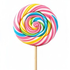 Vibrant multi-colored swirl lollipop on a wooden stick against a white background
