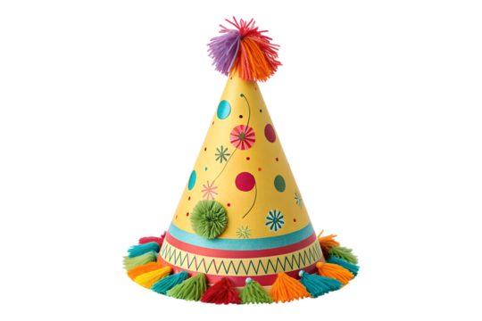 Colorful party hat with pompoms isolated on transparent background for celebration