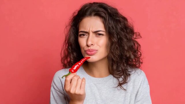 Spicy Surprise: A woman experiences the intense heat of a red chili pepper, showcasing a moment of surprise and the fiery flavor.