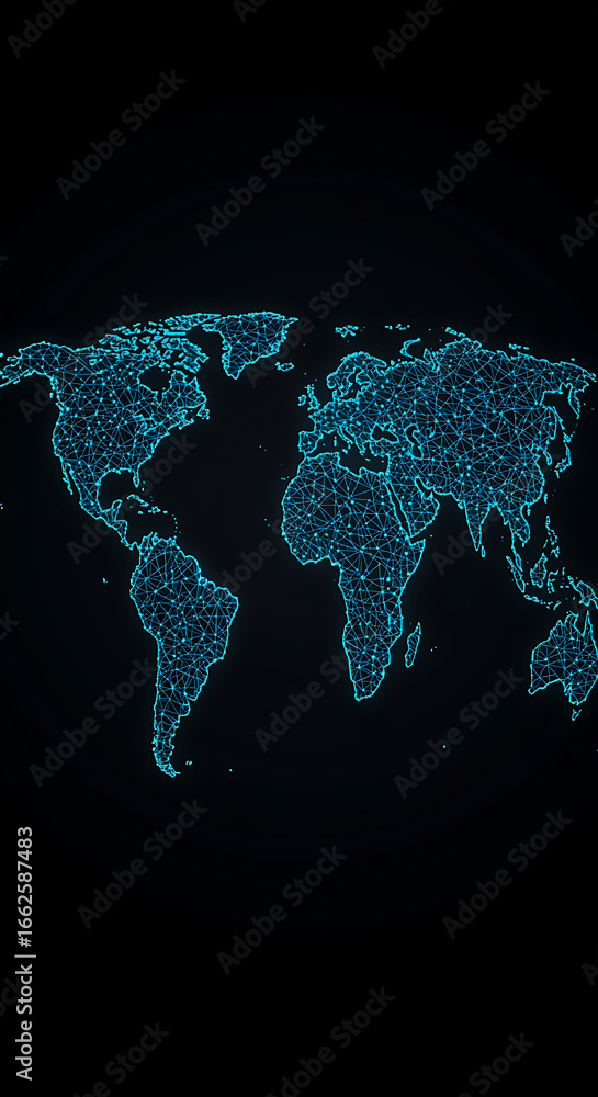 Aufkleber global interconnectedness represented by a digital network of the earth's continents on a dark backg