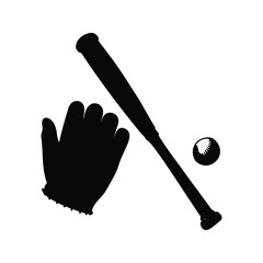 Silhouette of baseball equipment including bat, ball, and glove, on white backdrop, baseball bat and glove silhouette vector illustration