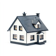 Small white house model with dark blue roof and trim, isolated on white background