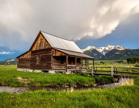 Rustic Cabin by Creek, Mountain View, Stormy Sky