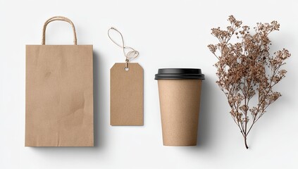 Brown paper bag, tag, cup, and dried flowers