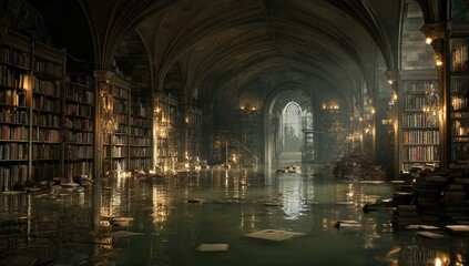 Flooded gothic library, books submerged