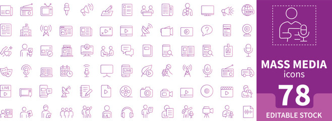 A professional line icon for mass media and broadcasting. Perfect for topics related to news, television, and journalism, with a clean and modern outline style.Editable stock.
