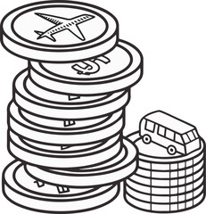 Stacks of Coins with Airplane and Bus Icons – Travel Budget and Expense Concept