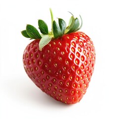 Single, vibrant red strawberry, heart-shaped, with green leaves, against white background