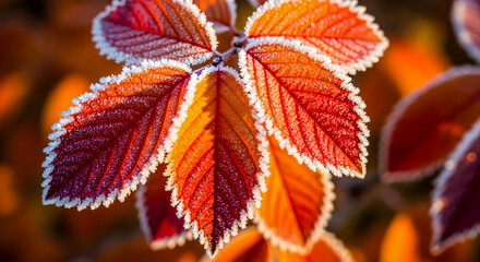 Vibrant autumn leaves with frost crystals, a stunning nature scene with warm light, perfect for seasonal designs