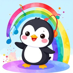 Cute penguin with headphones under a rainbow