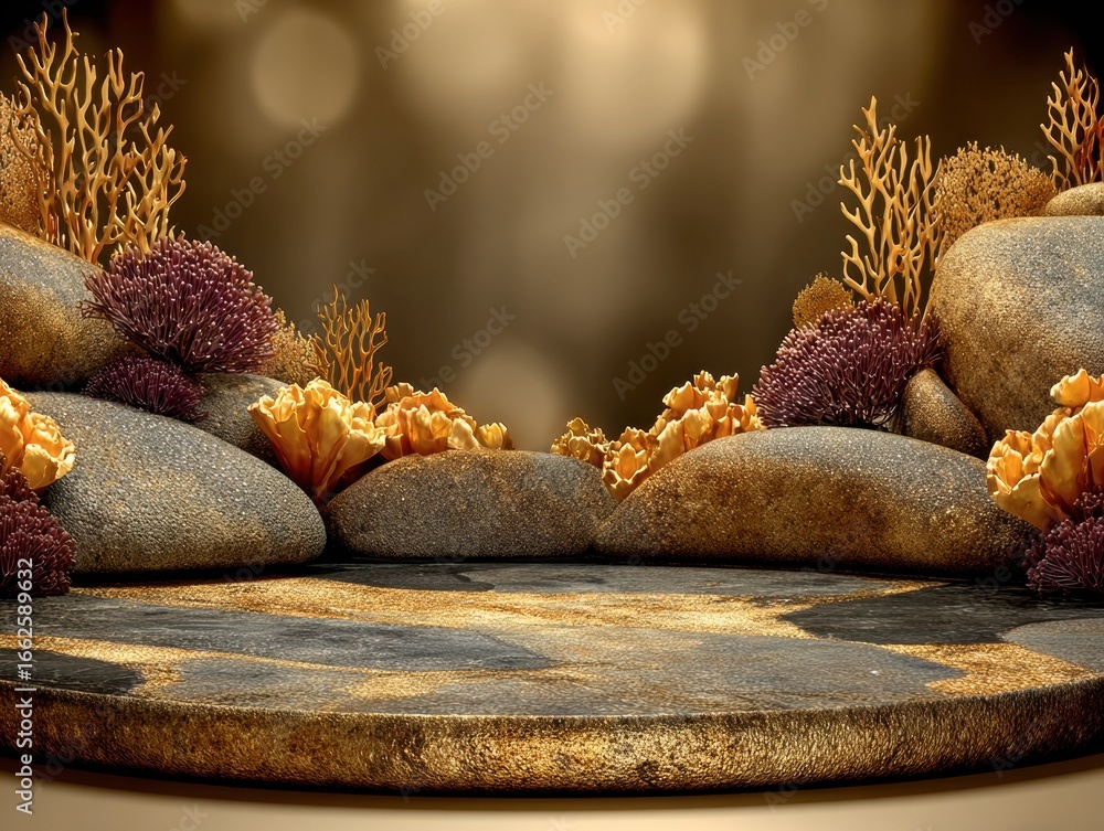 Poster stone platform with coral: a captivating naturalistic setting features a weathered stone platform su