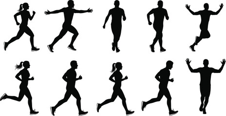 Silhouette of male and female runners in various jogging and running poses isolated on white background for fitness and sports design