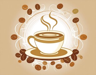 Obraz premium Coffee cup with steam and beans