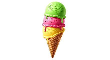 Colorful triple scoop ice cream cone with melting drips, isolated on transparent background