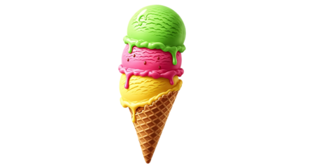 Colorful triple scoop ice cream cone with melting drips, isolated on transparent background