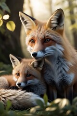 Tender Bond &ndash; Mother Fox and Baby in Forest