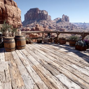 Rustic Serenity in Monument Valley: A weathered wooden deck overlooks the majestic landscape of Monument Valley, adorned with vintage wooden barrels and potted plants.
