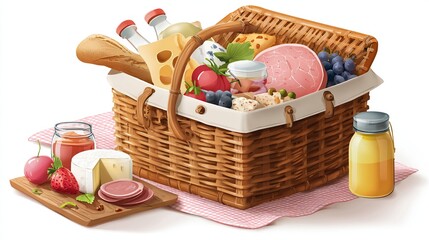 Picnic basket overflows with bread, cheese, ham, fruit, and beverages