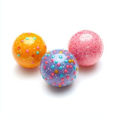 Three brightly colored, round candies, speckled with small, colorful dots