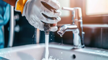 Plumber's gloved hand repairing a faucet, water flowing into sink