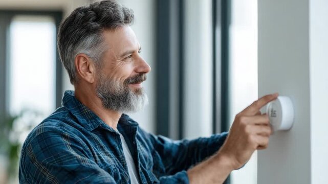 Optimizing Temperature: A thoughtful middle-aged man with a well-groomed beard adjusts the modern thermostat, optimizing the interior environment for ultimate comfort and control.