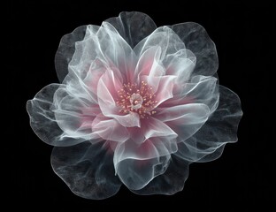 Delicate, translucent rose, ethereal petals in shades of pink and white, intricate details, against a black background