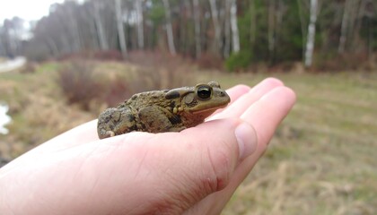 Small toad in a hand, forest backdrop