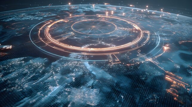 Futuristic Global Defense Network with Holographic Earth Map and Data Circles