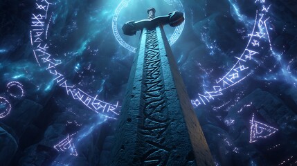 towering guardian deity inscribed with luminous runes, sacred weapon glowing with arcane power, surrounded by swirling magical symbols in the air, symbolic mythological art 
