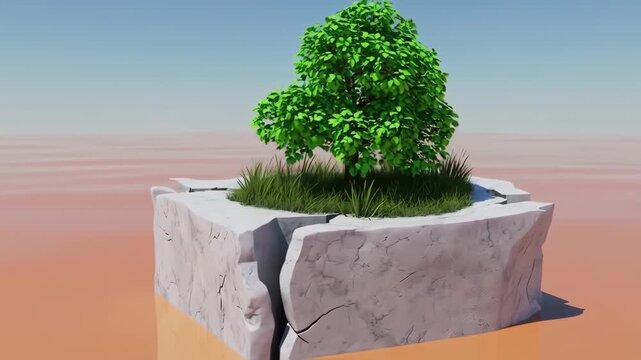 Small tree on a cracked, light-gray rock islet in a pastel-colored landscape