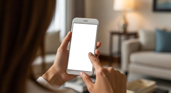 Person's hands holding a white smartphone with a blank screen, highlighting modern mobile technology use and digital connectivity in a comfortable home environment