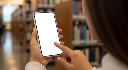 Close-up of a person holding a smartphone with a blank white screen in a library or bookstore, suggesting online learning or research