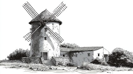 Old windmill stands by a small building; rural landscape with field