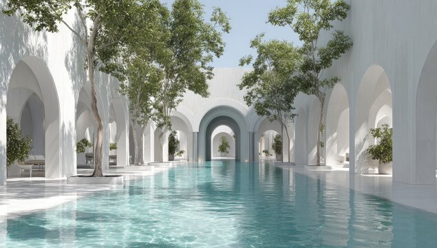 Whitewashed pool courtyard with arched walkways and lush greenery - Powered by Adobe