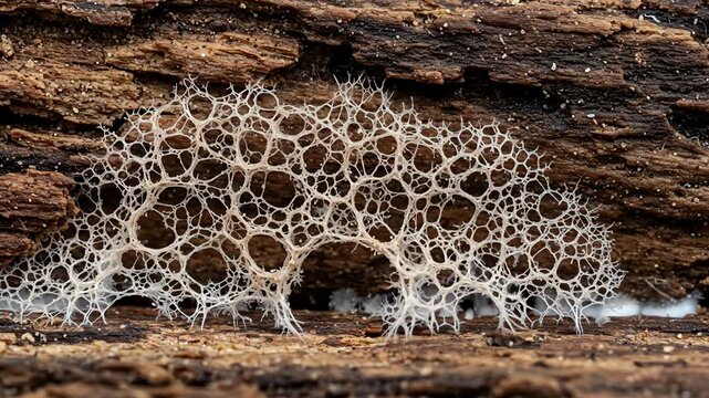 Intricate White Slime Mold Web Structure on Decaying Wood Surface