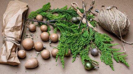 Rustic Christmas Ornaments and Green Cedar Branch on Brown Paper