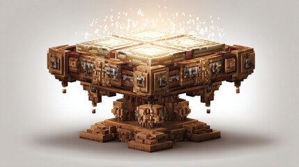 Light beams off a ornate, blocky platform with wooden-textured geometric shapes