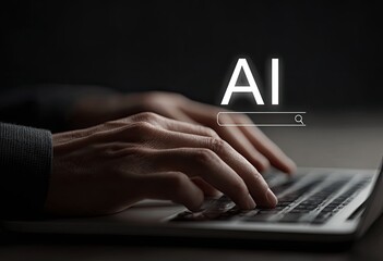 Close-up of hands typing on a laptop with an AI search bar overlay