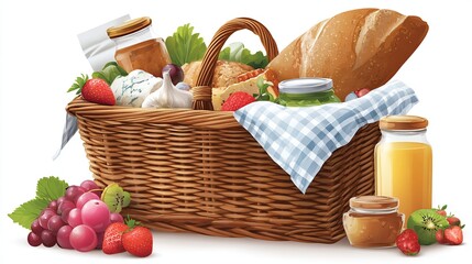 Wicker picnic basket filled with assorted foods bread, fruit, spreads, and drinks